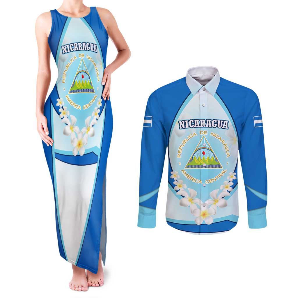 Nicaragua National Emblem Couples Matching Tank Maxi Dress and Long Sleeve Button Shirt with White Flor de Sacuanjoche and Blue Gradient Design - Wonder Print Shop