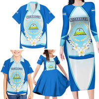Nicaragua National Emblem Family Matching Long Sleeve Bodycon Dress and Hawaiian Shirt with White Flor de Sacuanjoche and Blue Gradient Design - Wonder Print Shop