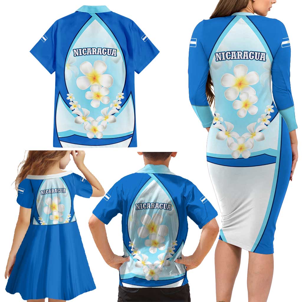 Nicaragua National Emblem Family Matching Long Sleeve Bodycon Dress and Hawaiian Shirt with White Flor de Sacuanjoche and Blue Gradient Design - Wonder Print Shop