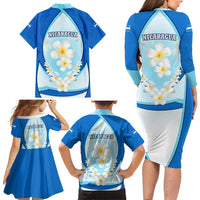Nicaragua National Emblem Family Matching Long Sleeve Bodycon Dress and Hawaiian Shirt with White Flor de Sacuanjoche and Blue Gradient Design - Wonder Print Shop