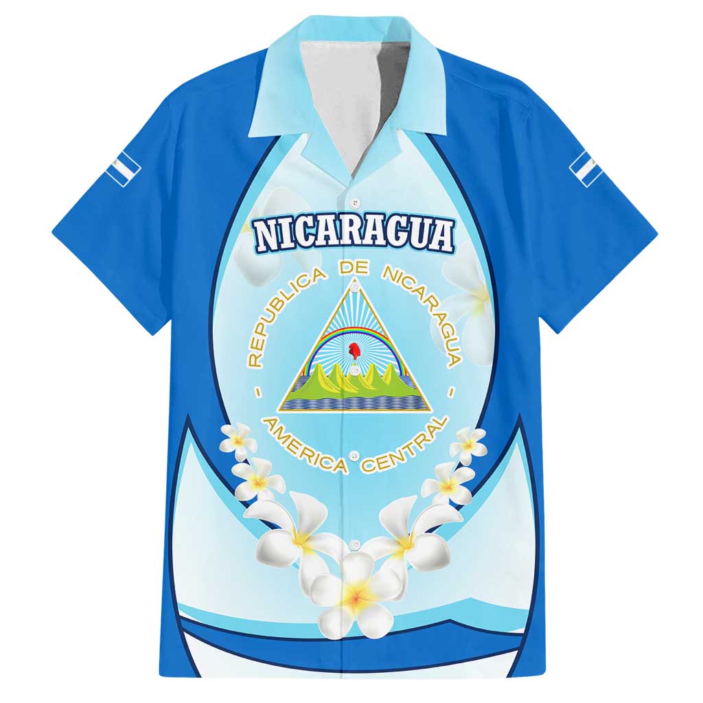 Nicaragua National Emblem Family Matching Long Sleeve Bodycon Dress and Hawaiian Shirt with White Flor de Sacuanjoche and Blue Gradient Design - Wonder Print Shop