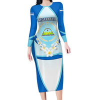Nicaragua National Emblem Family Matching Long Sleeve Bodycon Dress and Hawaiian Shirt with White Flor de Sacuanjoche and Blue Gradient Design - Wonder Print Shop
