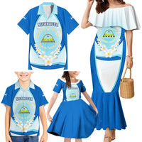 Nicaragua National Emblem Family Matching Mermaid Dress and Hawaiian Shirt with White Flor de Sacuanjoche and Blue Gradient Design - Wonder Print Shop