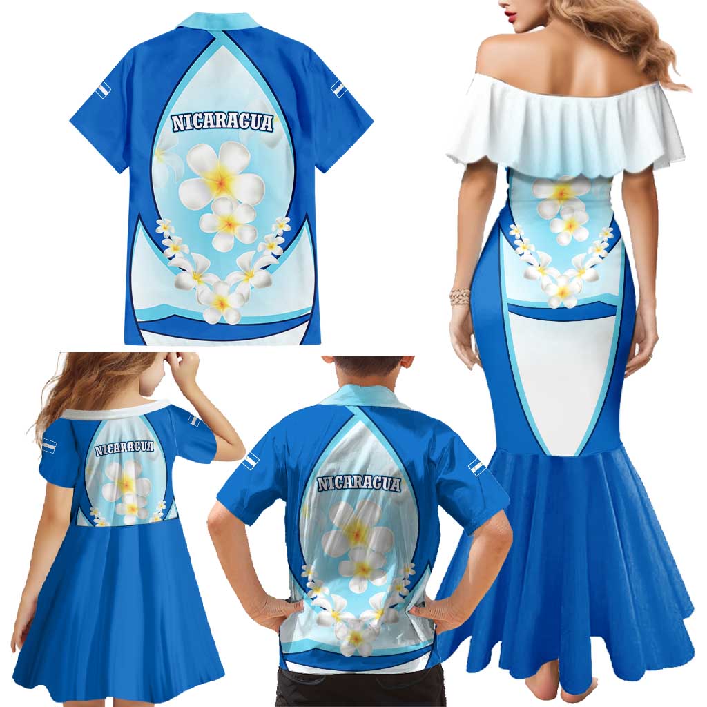 Nicaragua National Emblem Family Matching Mermaid Dress and Hawaiian Shirt with White Flor de Sacuanjoche and Blue Gradient Design - Wonder Print Shop