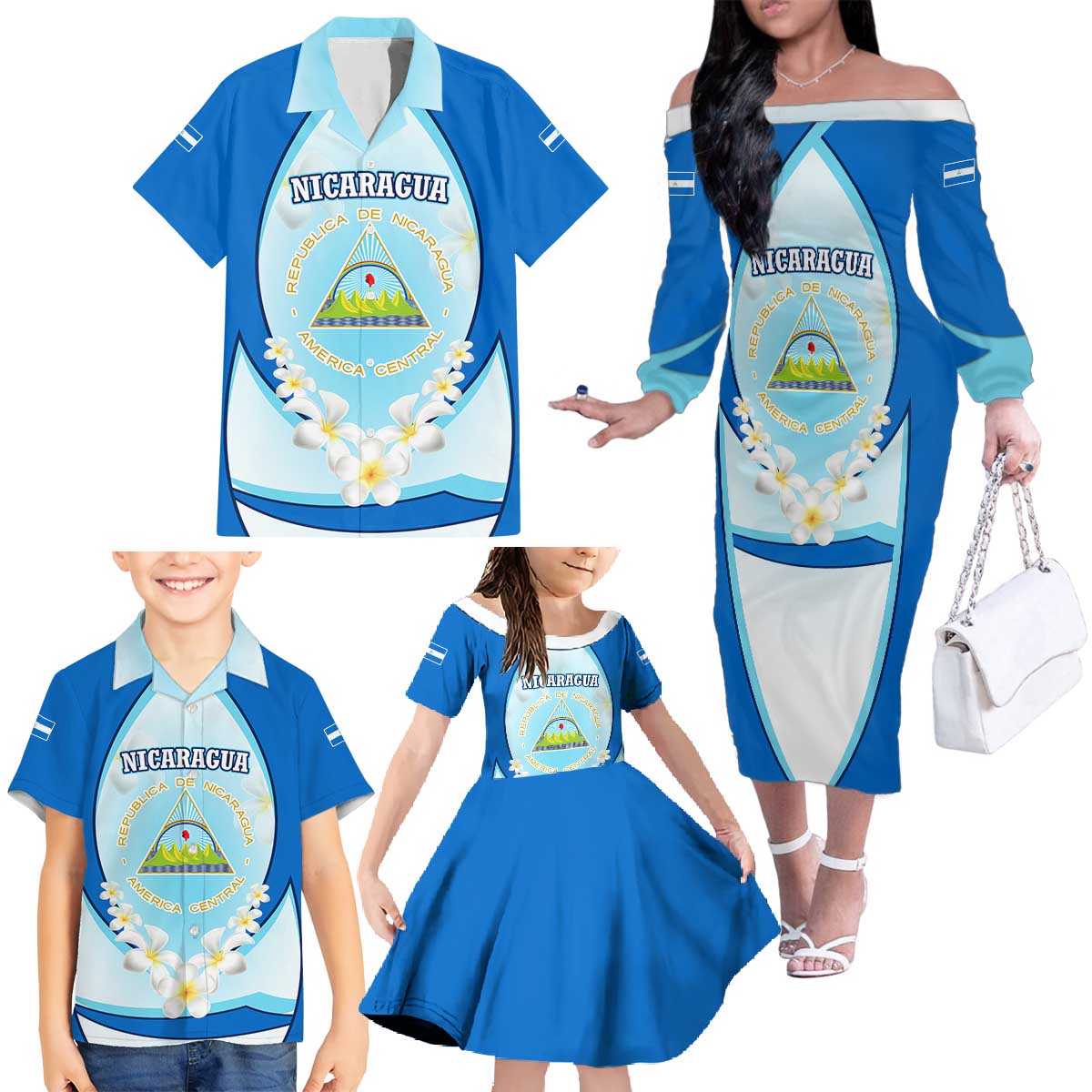 Nicaragua National Emblem Family Matching Off The Shoulder Long Sleeve Dress and Hawaiian Shirt with White Flor de Sacuanjoche and Blue Gradient Design - Wonder Print Shop