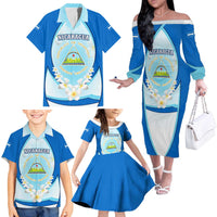 Nicaragua National Emblem Family Matching Off The Shoulder Long Sleeve Dress and Hawaiian Shirt with White Flor de Sacuanjoche and Blue Gradient Design - Wonder Print Shop