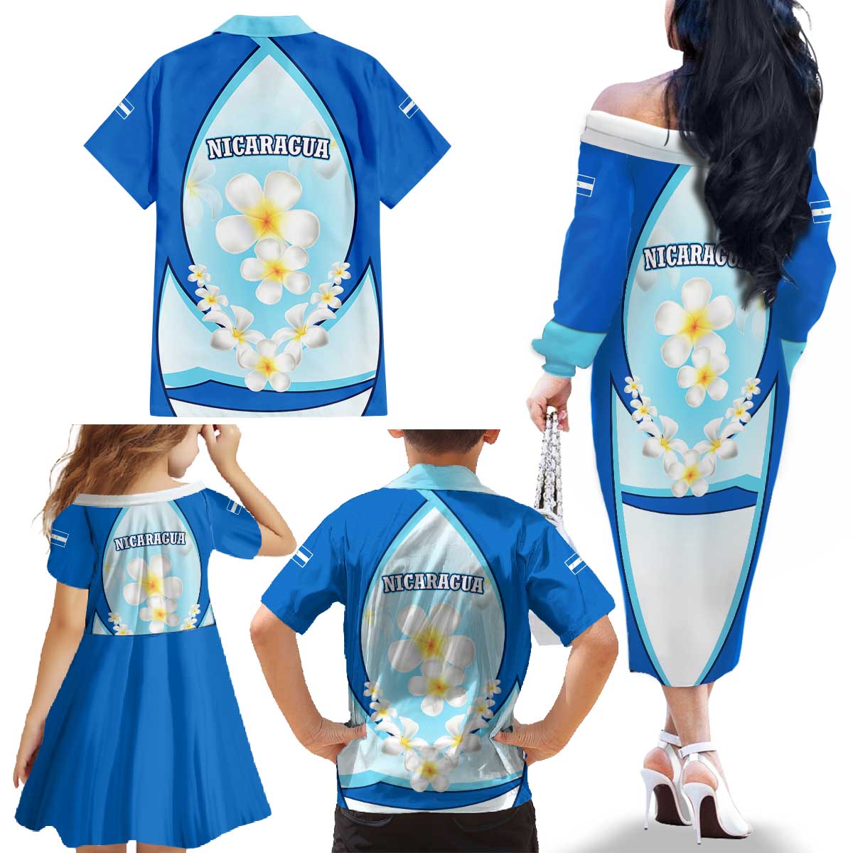 Nicaragua National Emblem Family Matching Off The Shoulder Long Sleeve Dress and Hawaiian Shirt with White Flor de Sacuanjoche and Blue Gradient Design - Wonder Print Shop