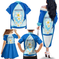 Nicaragua National Emblem Family Matching Off The Shoulder Long Sleeve Dress and Hawaiian Shirt with White Flor de Sacuanjoche and Blue Gradient Design - Wonder Print Shop