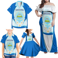 Nicaragua National Emblem Family Matching Off Shoulder Maxi Dress and Hawaiian Shirt with White Flor de Sacuanjoche and Blue Gradient Design - Wonder Print Shop
