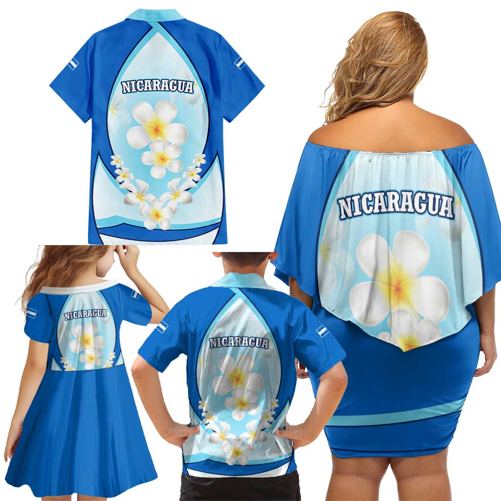 Nicaragua National Emblem Family Matching Off Shoulder Short Dress and Hawaiian Shirt with White Flor de Sacuanjoche and Blue Gradient Design - Wonder Print Shop