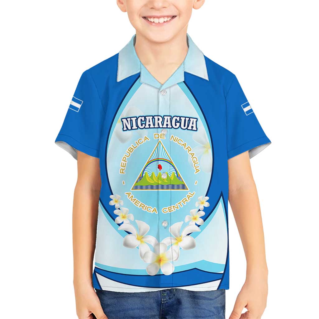 Nicaragua National Emblem Family Matching Off Shoulder Short Dress and Hawaiian Shirt with White Flor de Sacuanjoche and Blue Gradient Design - Wonder Print Shop