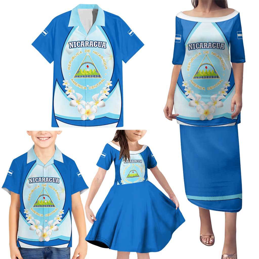 Nicaragua National Emblem Family Matching Puletasi and Hawaiian Shirt with White Flor de Sacuanjoche and Blue Gradient Design - Wonder Print Shop