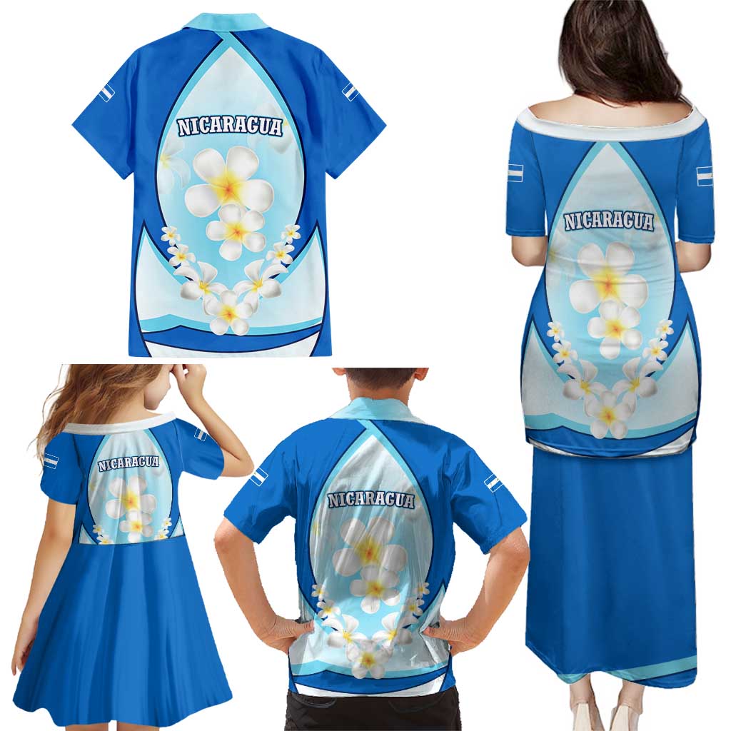 Nicaragua National Emblem Family Matching Puletasi and Hawaiian Shirt with White Flor de Sacuanjoche and Blue Gradient Design - Wonder Print Shop