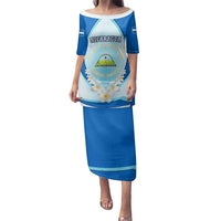 Nicaragua National Emblem Family Matching Puletasi and Hawaiian Shirt with White Flor de Sacuanjoche and Blue Gradient Design - Wonder Print Shop