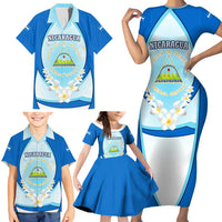 Nicaragua National Emblem Family Matching Short Sleeve Bodycon Dress and Hawaiian Shirt with White Flor de Sacuanjoche and Blue Gradient Design - Wonder Print Shop