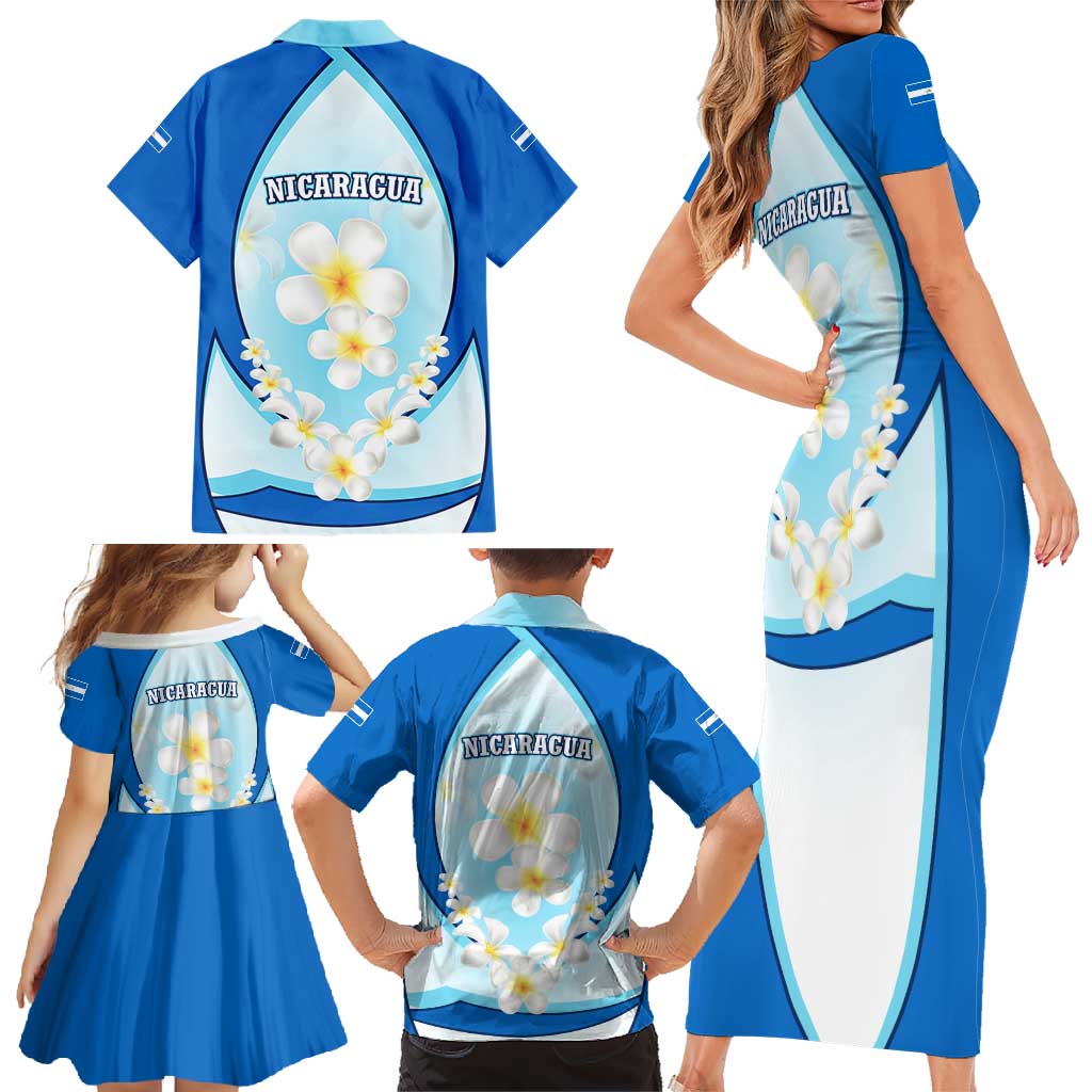 Nicaragua National Emblem Family Matching Short Sleeve Bodycon Dress and Hawaiian Shirt with White Flor de Sacuanjoche and Blue Gradient Design - Wonder Print Shop