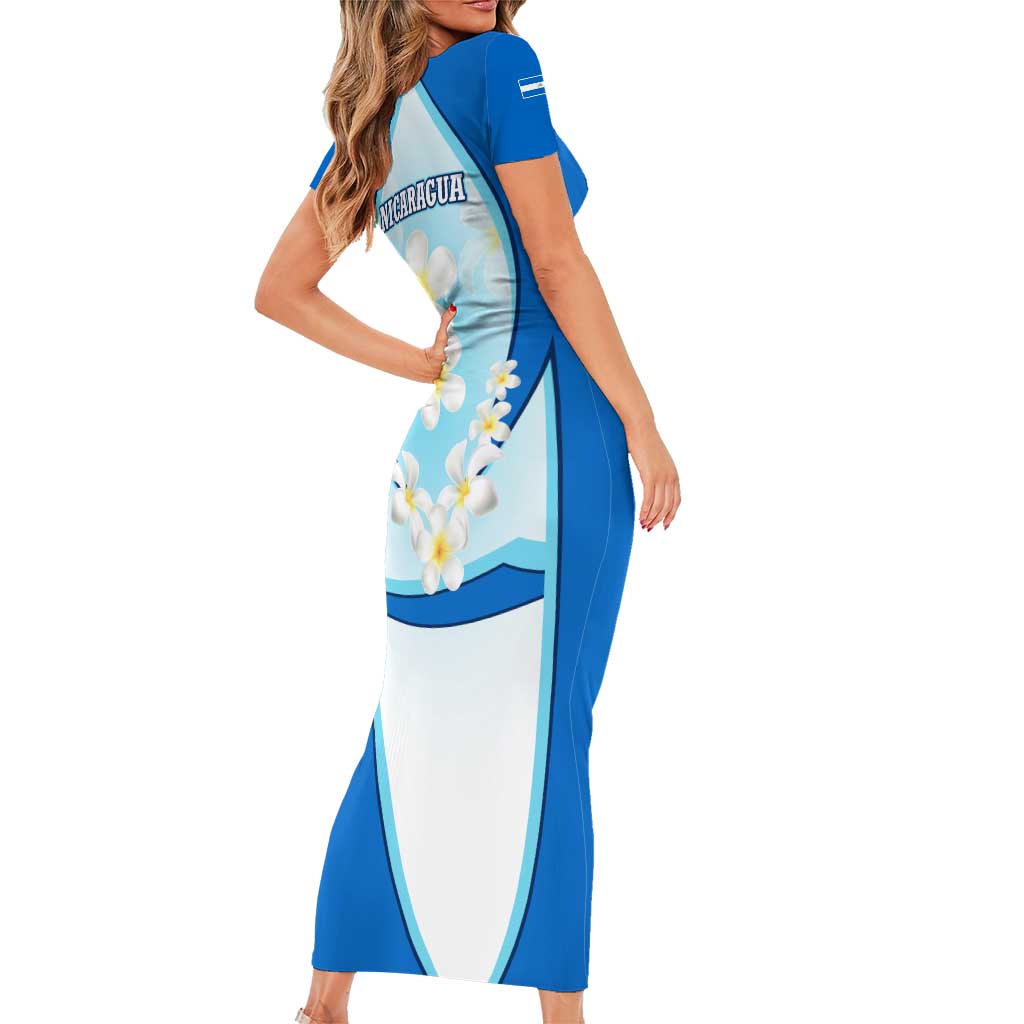 Nicaragua National Emblem Family Matching Short Sleeve Bodycon Dress and Hawaiian Shirt with White Flor de Sacuanjoche and Blue Gradient Design - Wonder Print Shop