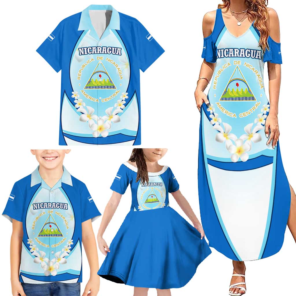 Nicaragua National Emblem Family Matching Summer Maxi Dress and Hawaiian Shirt with White Flor de Sacuanjoche and Blue Gradient Design - Wonder Print Shop