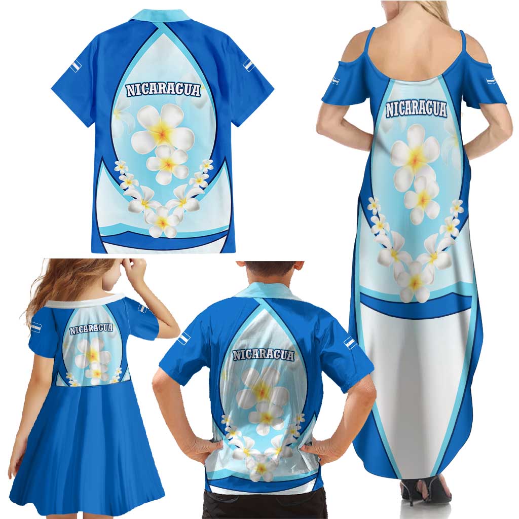 Nicaragua National Emblem Family Matching Summer Maxi Dress and Hawaiian Shirt with White Flor de Sacuanjoche and Blue Gradient Design - Wonder Print Shop