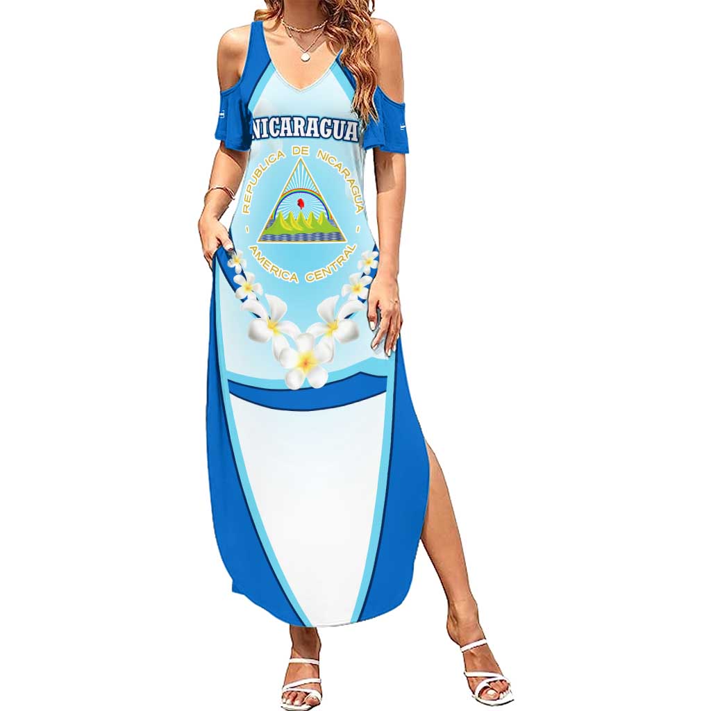 Nicaragua National Emblem Family Matching Summer Maxi Dress and Hawaiian Shirt with White Flor de Sacuanjoche and Blue Gradient Design - Wonder Print Shop