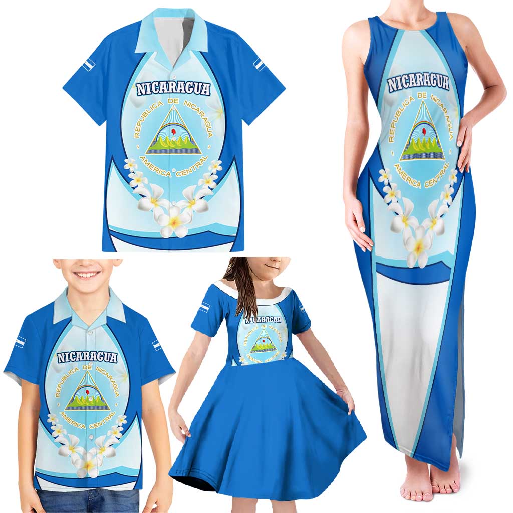 Nicaragua National Emblem Family Matching Tank Maxi Dress and Hawaiian Shirt with White Flor de Sacuanjoche and Blue Gradient Design - Wonder Print Shop