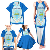 Nicaragua National Emblem Family Matching Tank Maxi Dress and Hawaiian Shirt with White Flor de Sacuanjoche and Blue Gradient Design - Wonder Print Shop