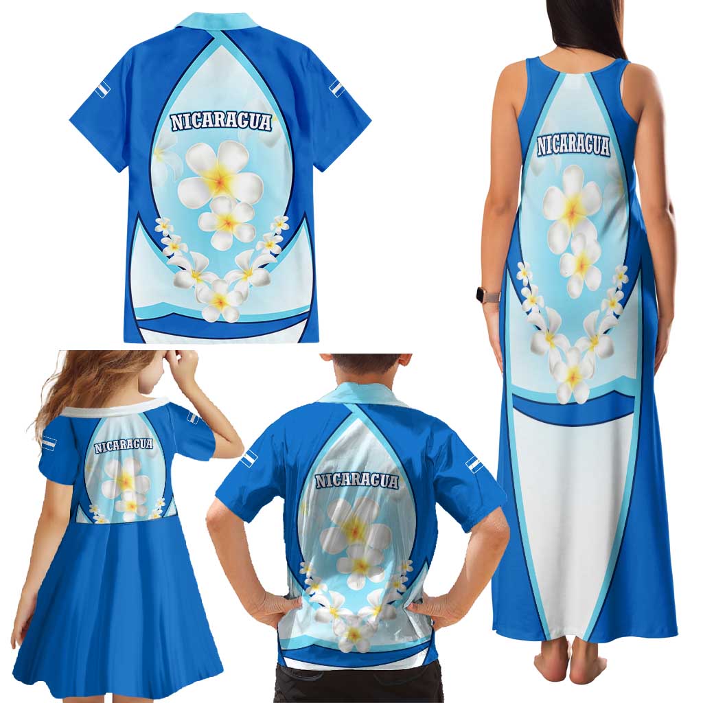 Nicaragua National Emblem Family Matching Tank Maxi Dress and Hawaiian Shirt with White Flor de Sacuanjoche and Blue Gradient Design - Wonder Print Shop