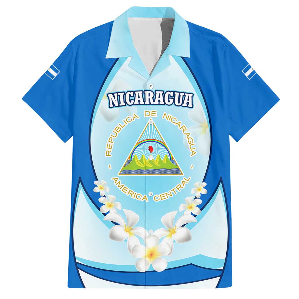 Nicaragua National Emblem Hawaiian Shirt with White Flor de Sacuanjoche and Blue Gradient Design - Wonder Print Shop