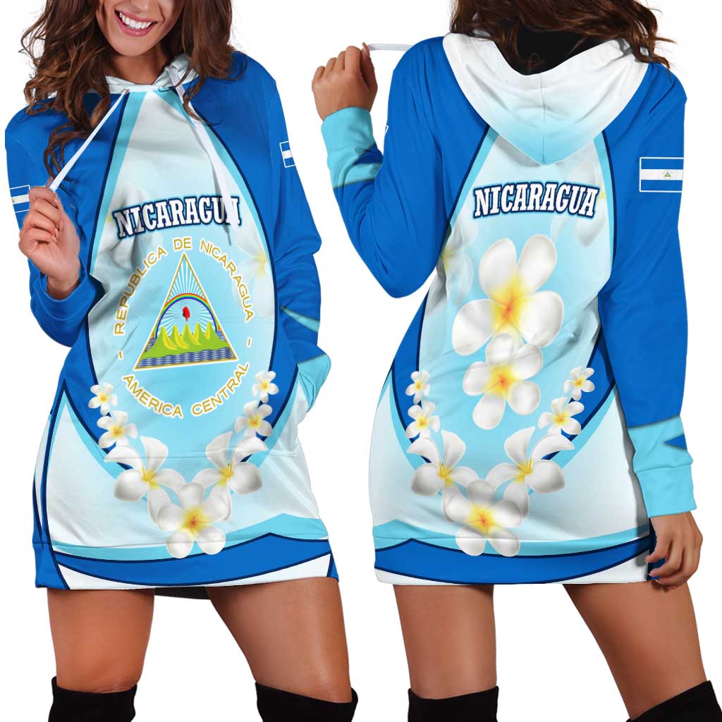 Nicaragua National Emblem Hoodie Dress with White Flor de Sacuanjoche and Blue Gradient Design - Wonder Print Shop