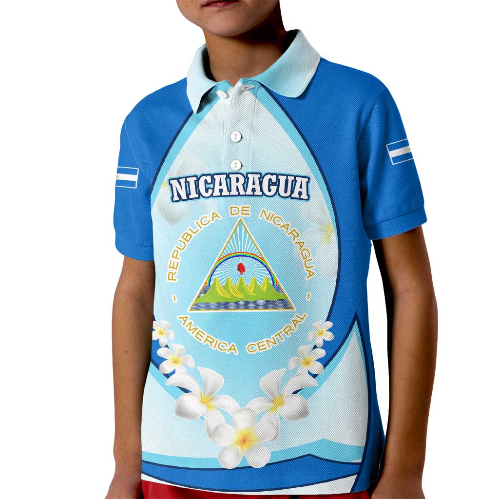 Nicaragua National Emblem Kid Polo Shirt with White Flor de Sacuanjoche and Blue Gradient Design - Wonder Print Shop