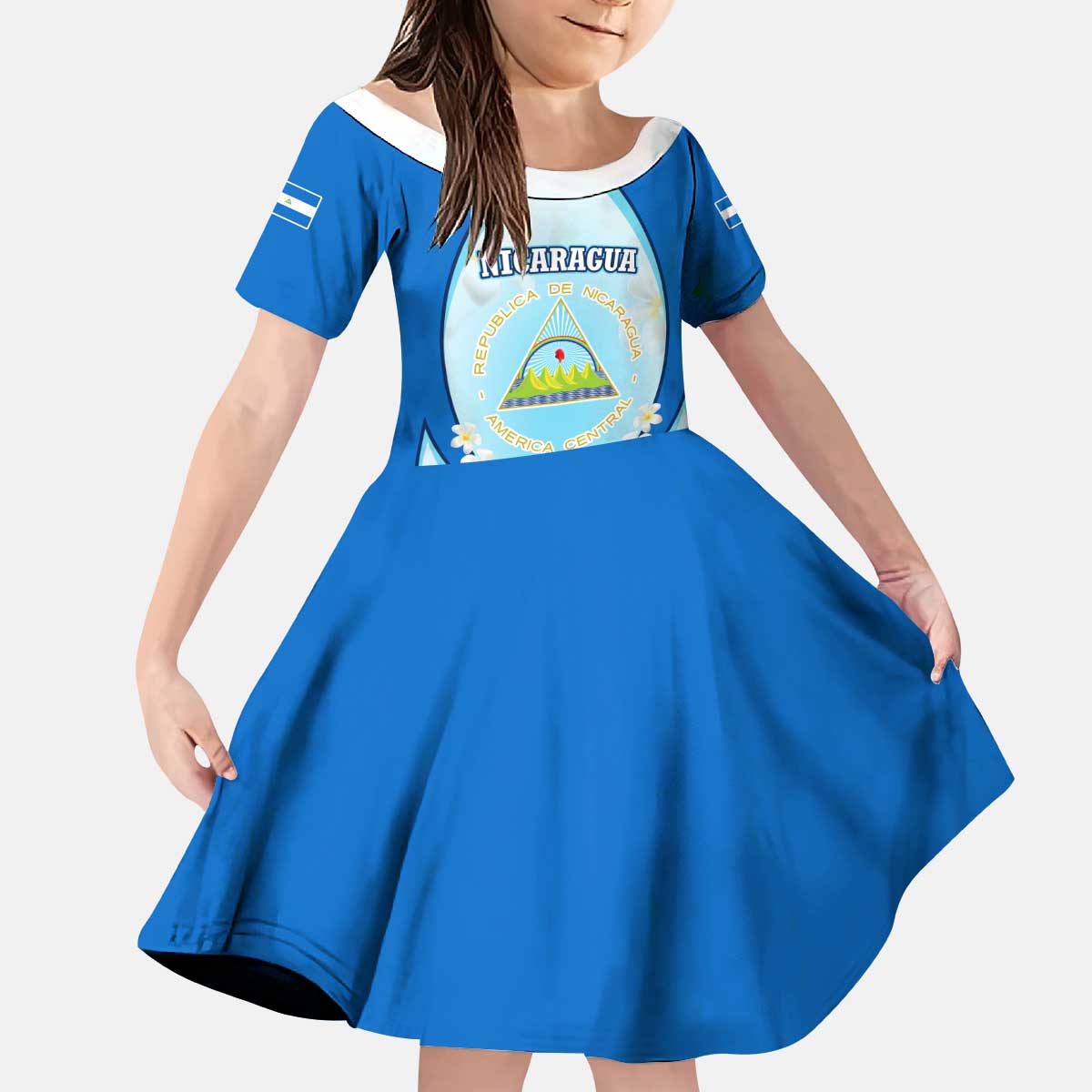 Nicaragua National Emblem Kid Short Sleeve Dress with White Flor de Sacuanjoche and Blue Gradient Design - Wonder Print Shop
