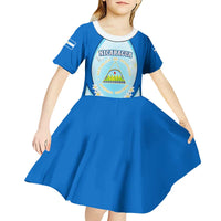 Nicaragua National Emblem Kid Short Sleeve Dress with White Flor de Sacuanjoche and Blue Gradient Design - Wonder Print Shop