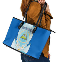 Nicaragua National Emblem Leather Tote Bag with White Flor de Sacuanjoche and Blue Gradient Design - Wonder Print Shop