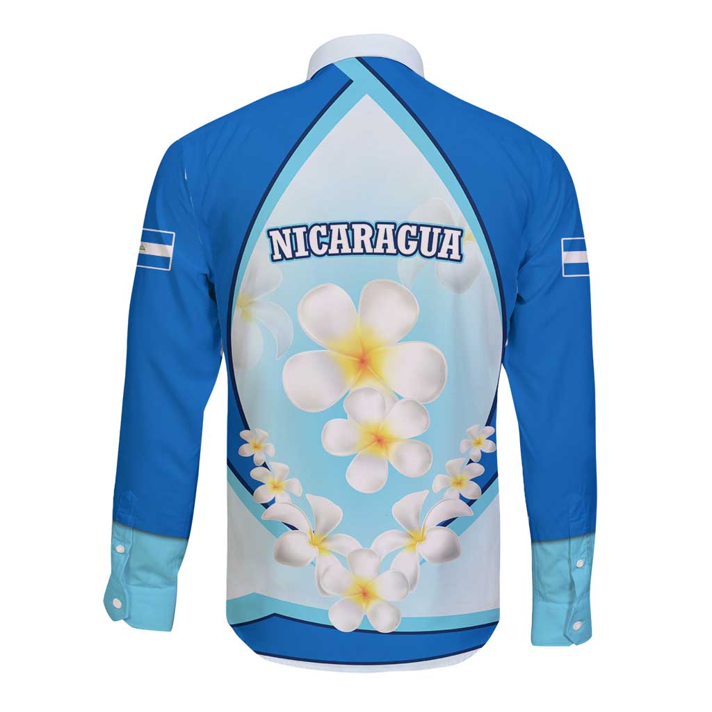 Nicaragua National Emblem Long Sleeve Button Shirt with White Flor de Sacuanjoche and Blue Gradient Design - Wonder Print Shop