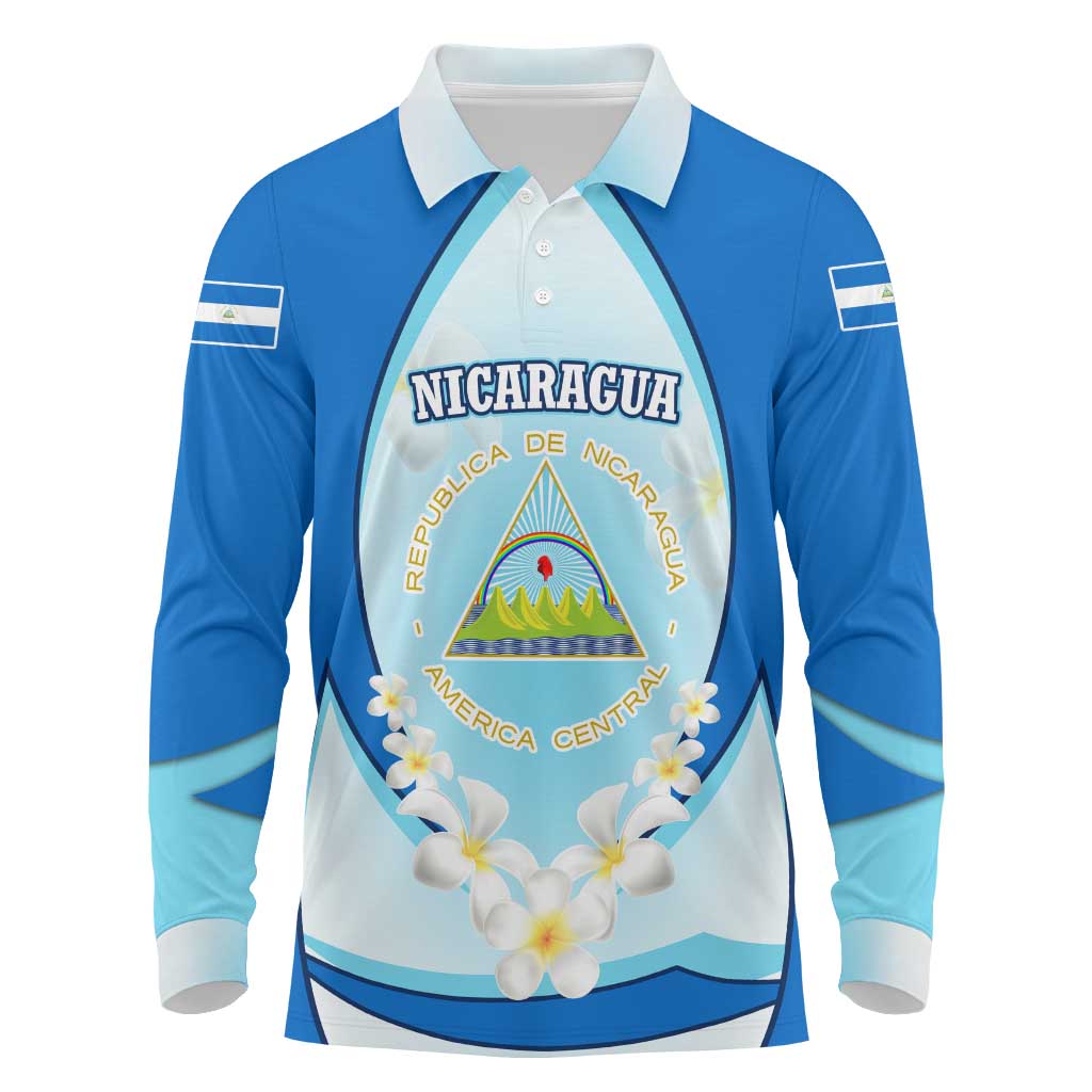 Nicaragua National Emblem Long Sleeve Polo Shirt with White Flor de Sacuanjoche and Blue Gradient Design - Wonder Print Shop