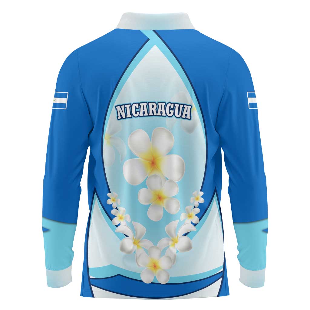 Nicaragua National Emblem Long Sleeve Polo Shirt with White Flor de Sacuanjoche and Blue Gradient Design - Wonder Print Shop