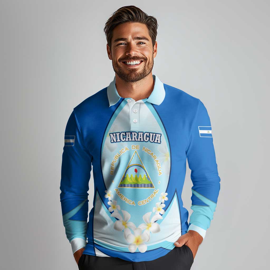 Nicaragua National Emblem Long Sleeve Polo Shirt with White Flor de Sacuanjoche and Blue Gradient Design - Wonder Print Shop