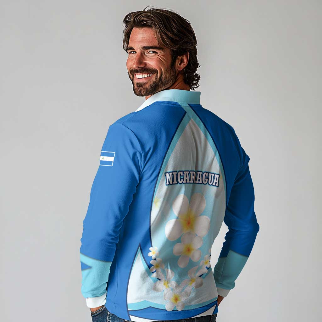Nicaragua National Emblem Long Sleeve Polo Shirt with White Flor de Sacuanjoche and Blue Gradient Design - Wonder Print Shop