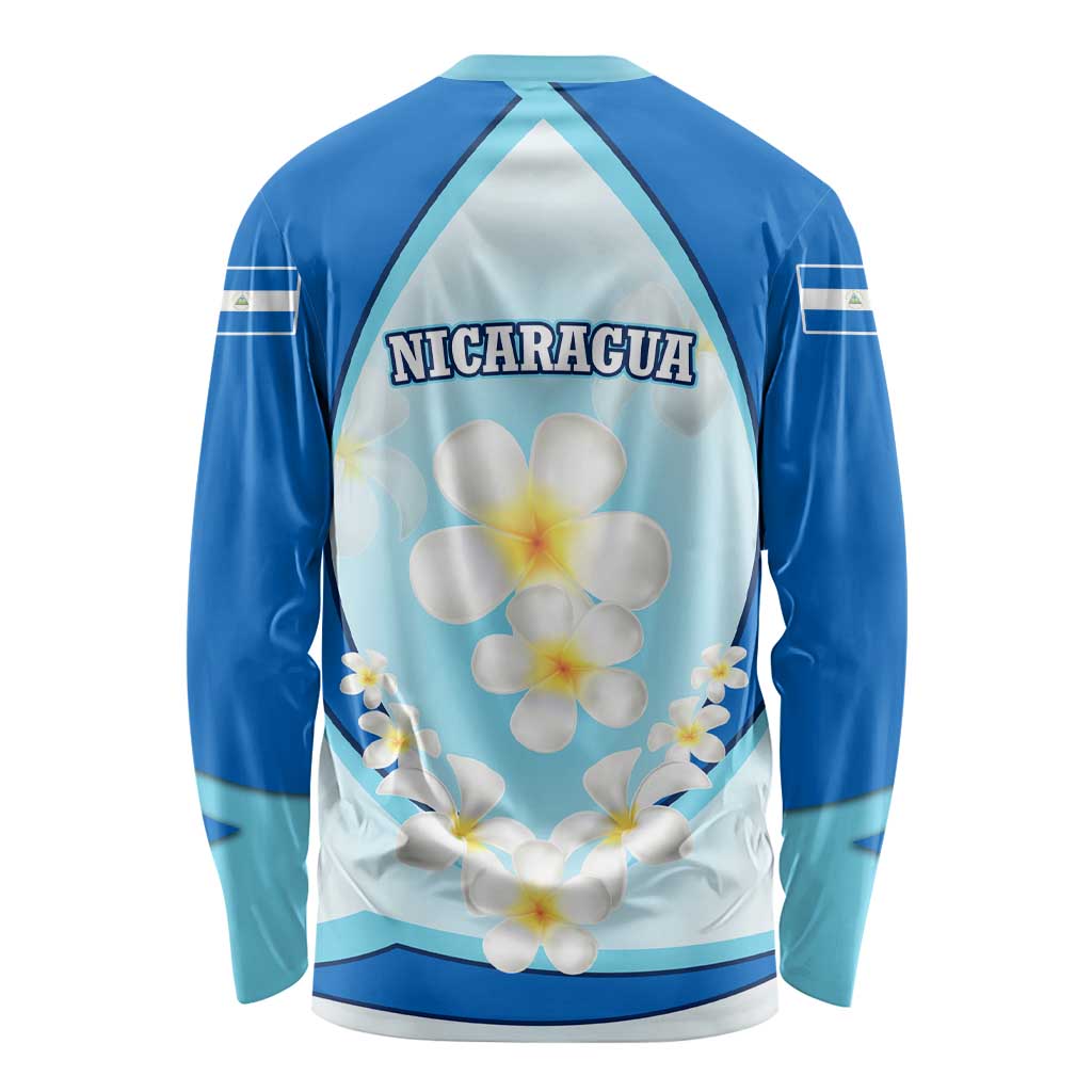 Nicaragua National Emblem Long Sleeve Shirt with White Flor de Sacuanjoche and Blue Gradient Design - Wonder Print Shop