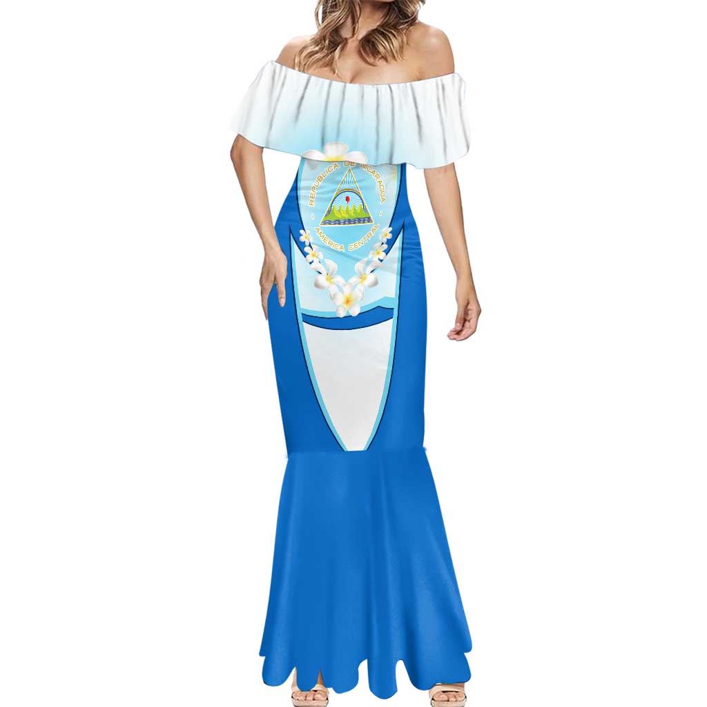 Nicaragua National Emblem Mermaid Dress with White Flor de Sacuanjoche and Blue Gradient Design - Wonder Print Shop