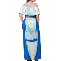 Nicaragua National Emblem Off Shoulder Maxi Dress with White Flor de Sacuanjoche and Blue Gradient Design - Wonder Print Shop