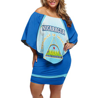 Nicaragua National Emblem Off Shoulder Short Dress with White Flor de Sacuanjoche and Blue Gradient Design - Wonder Print Shop