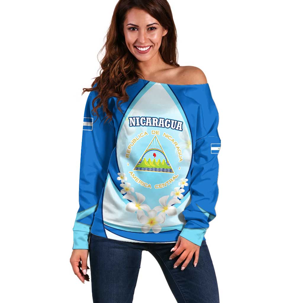 Nicaragua National Emblem Off Shoulder Sweater with White Flor de Sacuanjoche and Blue Gradient Design - Wonder Print Shop