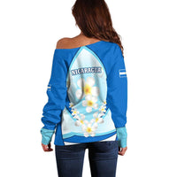 Nicaragua National Emblem Off Shoulder Sweater with White Flor de Sacuanjoche and Blue Gradient Design - Wonder Print Shop