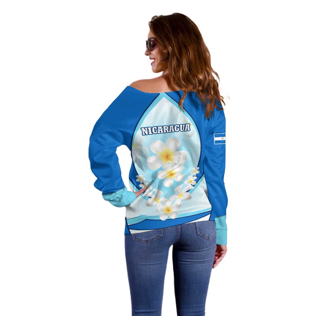 Nicaragua National Emblem Off Shoulder Sweater with White Flor de Sacuanjoche and Blue Gradient Design - Wonder Print Shop