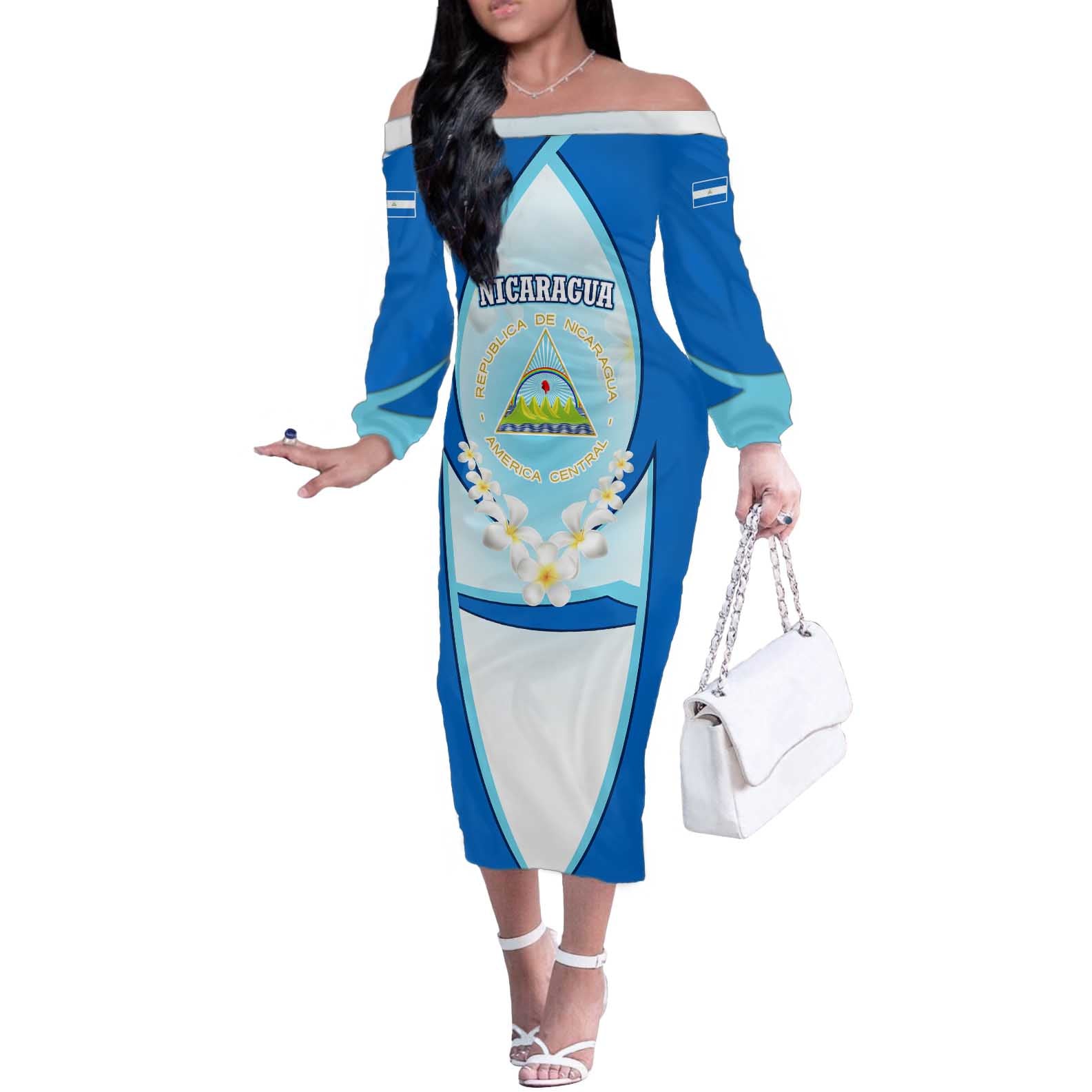 Nicaragua National Emblem Off The Shoulder Long Sleeve Dress with White Flor de Sacuanjoche and Blue Gradient Design - Wonder Print Shop