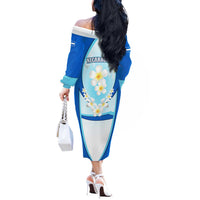 Nicaragua National Emblem Off The Shoulder Long Sleeve Dress with White Flor de Sacuanjoche and Blue Gradient Design - Wonder Print Shop