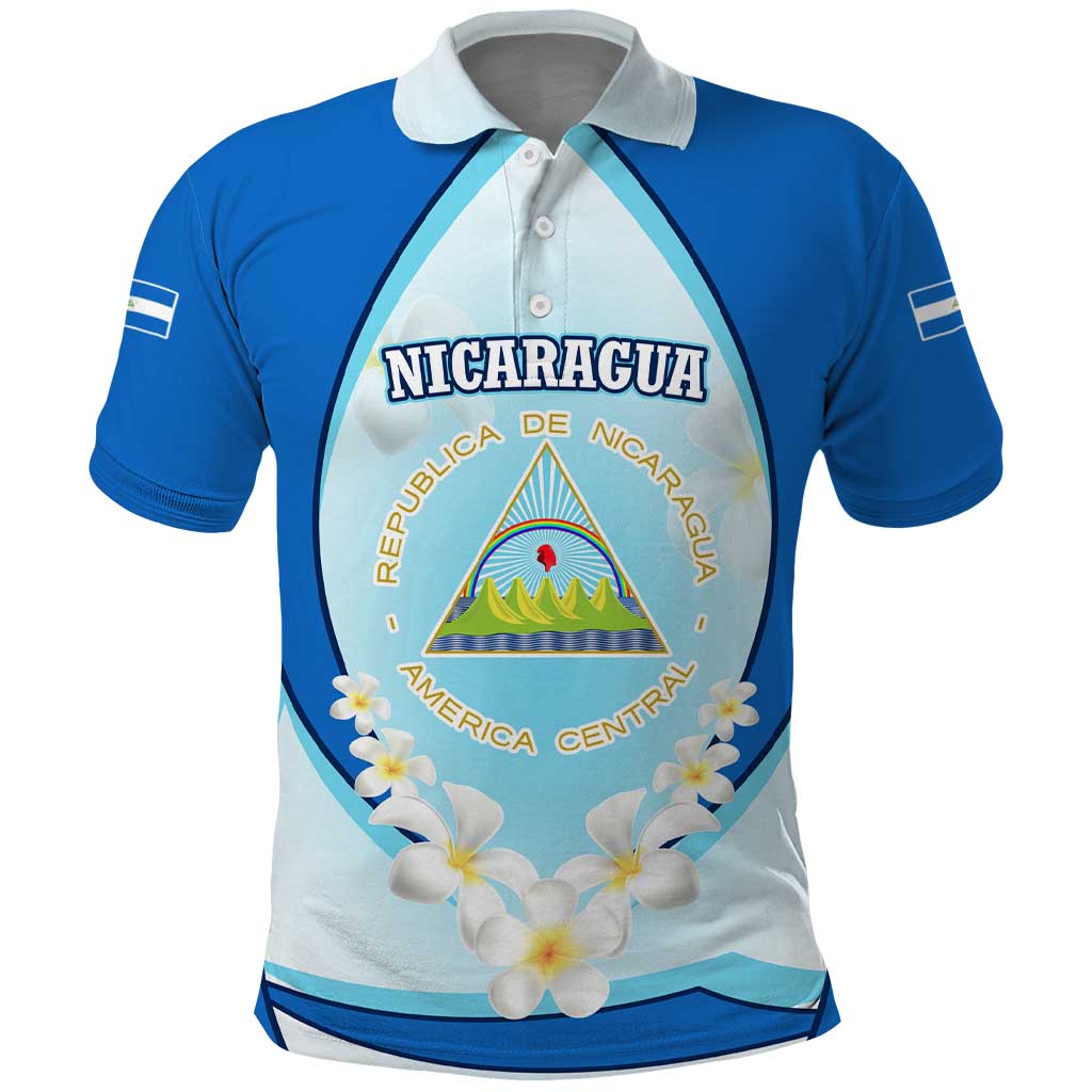 Nicaragua National Emblem Polo Shirt with White Flor de Sacuanjoche and Blue Gradient Design - Wonder Print Shop