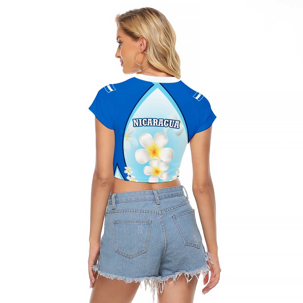 Nicaragua National Emblem Raglan Cropped T Shirt with White Flor de Sacuanjoche and Blue Gradient Design - Wonder Print Shop