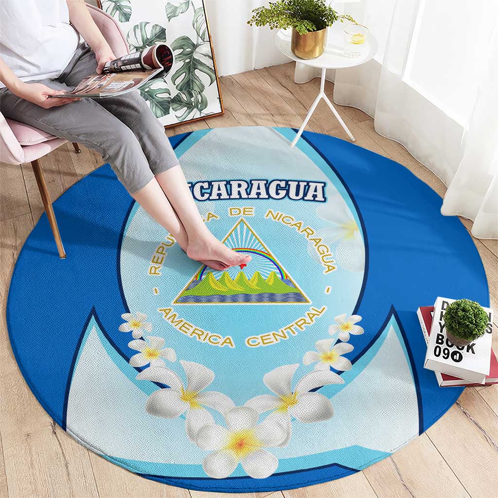 Nicaragua National Emblem Round Carpet with White Flor de Sacuanjoche and Blue Gradient Design - Wonder Print Shop